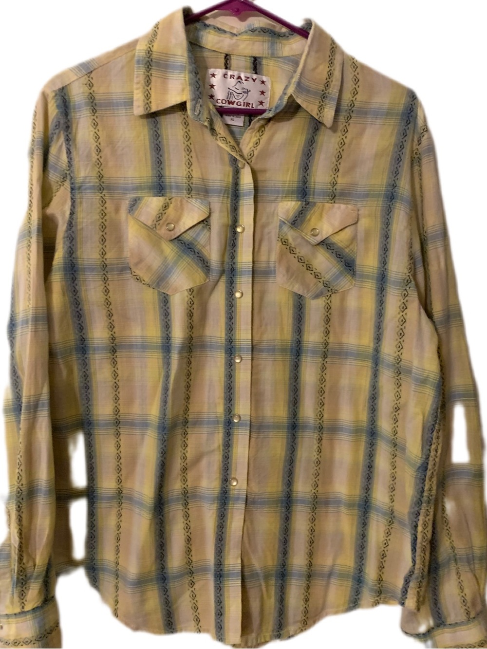 Crazy cowgirl Plaid Shirt in Yellow and Light Blue with Lace Trim